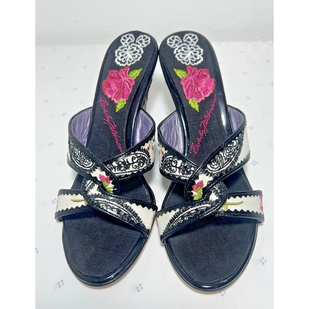 Vintage BEVERLY FELDMAN Floral Wedge Sandals Embroidered High Heels Slip RARE 8 - Picture 2 of 15